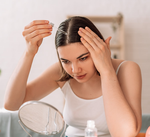 Mujer aplicando serum en cuero cabelludo frente a espejo